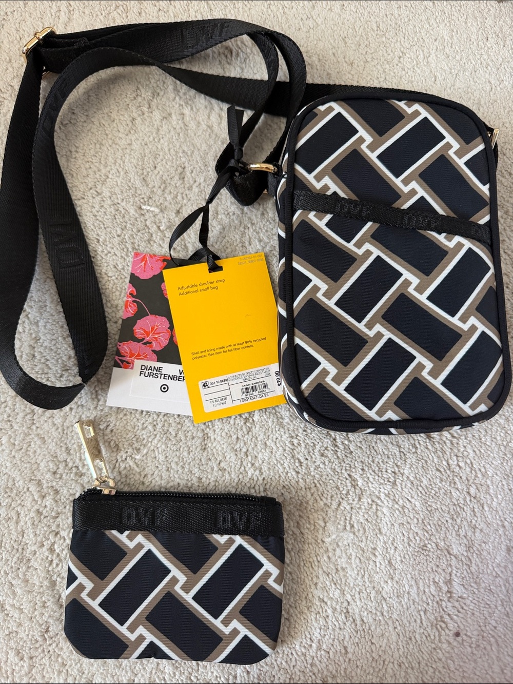 Diane von Furstenberg Black Geo Crossbody Phone Bag with Coin Pouch